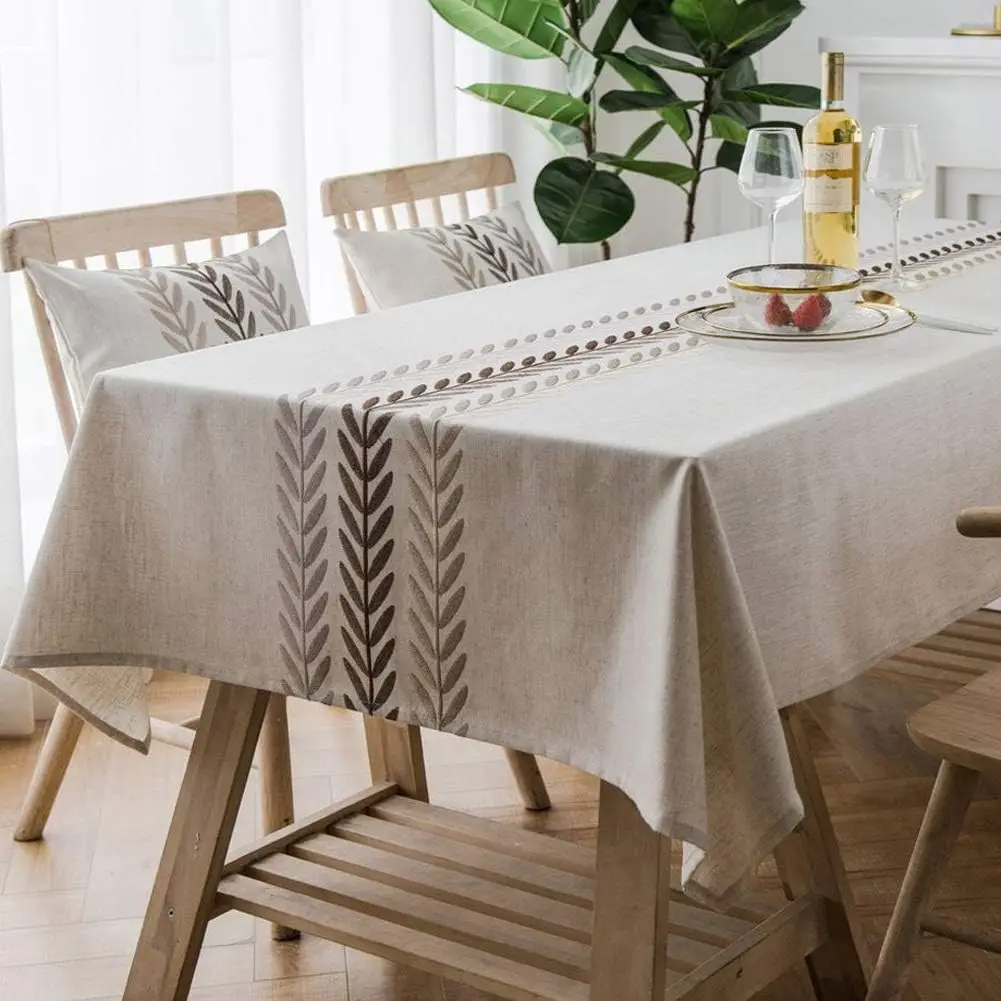

Embroidery Wheat Ear Tablecloth Heavy Weight Cotton Linen Fabric Dust-Proof Water-Proof Table Cloth Cover for Kitchen Dinning Ta