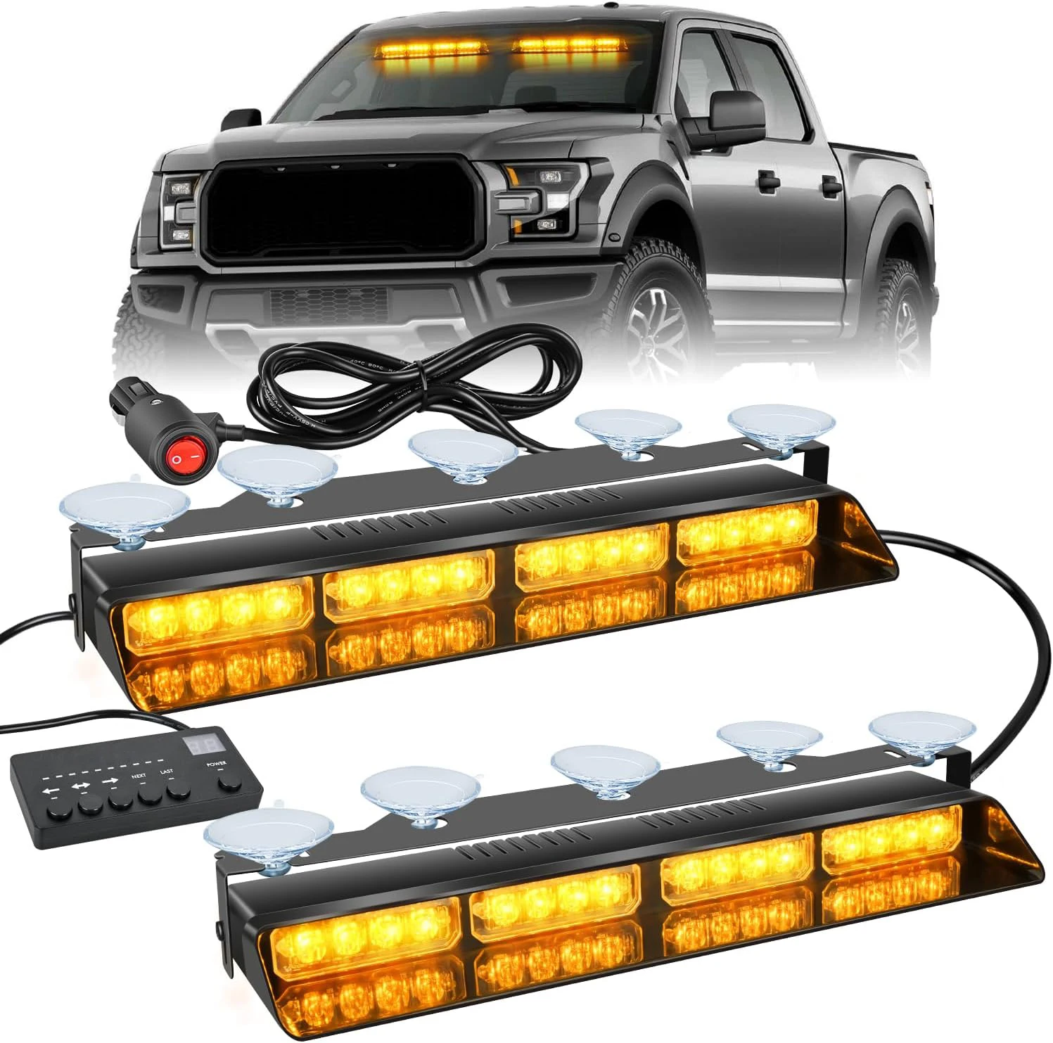 2 in 1 32 LED Car Strobe Lights For Emergency Flash Warning Lamp Windshield Bar Police 26 Modes Amber White Auto Assembly 12/24V