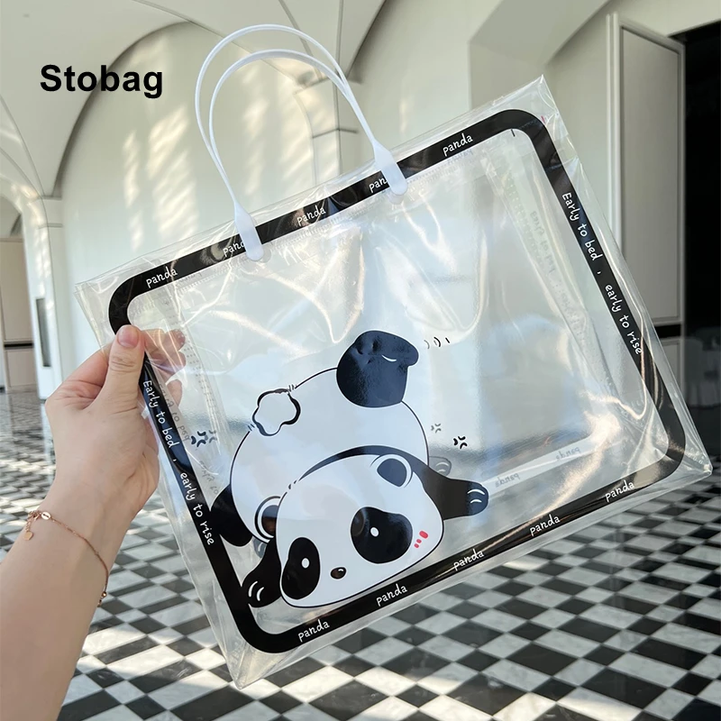 

StoBag 10pcs Transparent Woman's Shopping Shoulder Tote Bags PVC Plastic Panda Cute Fashion Gift Cosmetic Package Portable Logo