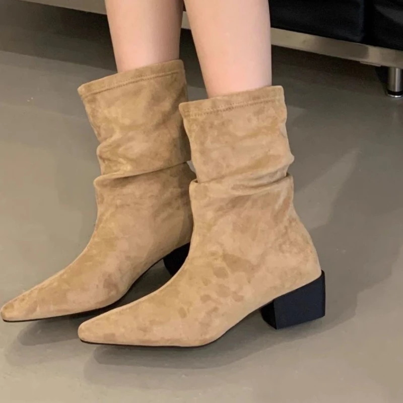 

Elegant Women Ankle Boots Pointed Toe Heeled Shoes Designer 2025 Winter New Dress Party Retro Fashion Boots Woman Chunky Pumps