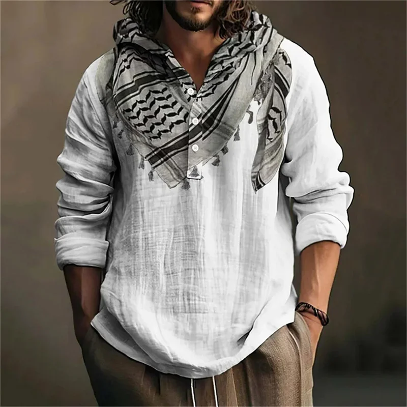 Spring and Autumn Shirt Independent Station Casual Bamboo Hawaiian Style Printed Shirt Men's Top Long Sleeve Hooded Pullover