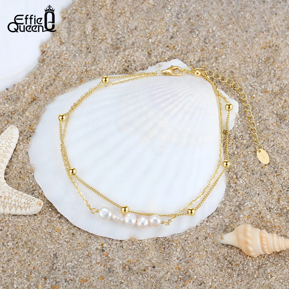 

Effie Queen 2-слойный кубинский браслет-цепочка с ромбовидной огранкой, стерлинговое серебро 925 пробы, пресноводный жемчуг, ножные браслеты для женщин, ювелирные изделия SA50