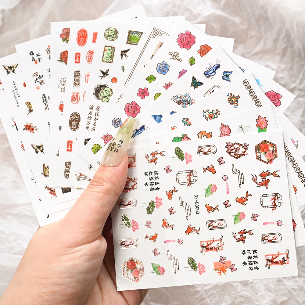 12 szt./zestaw Naklejki na paznokcie z motywami z kreskówek: żuraw, sroka, karp koi, motyl, jaskółka, naklejki na paznokcie w stylu chińskim, tradycyjne ozdoby do paznokci.
