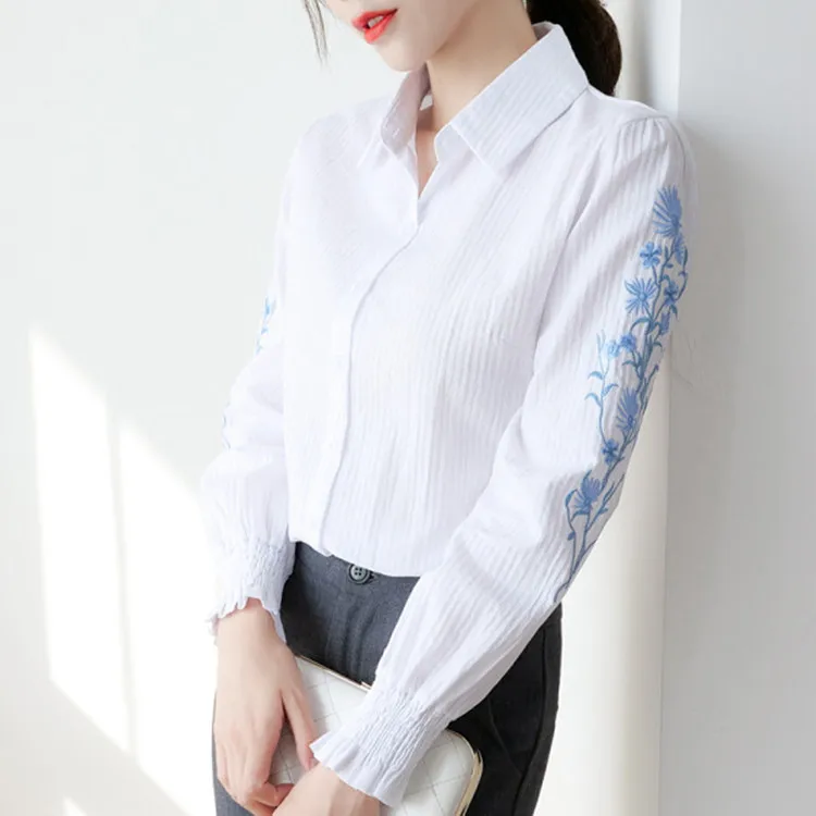 2023 Elegant Spring Top Female Embroidery Blouse Fashion Cotton Women\'s Shirts And Blouses Tops Long Sleeve Lwoman Blouse Blusa