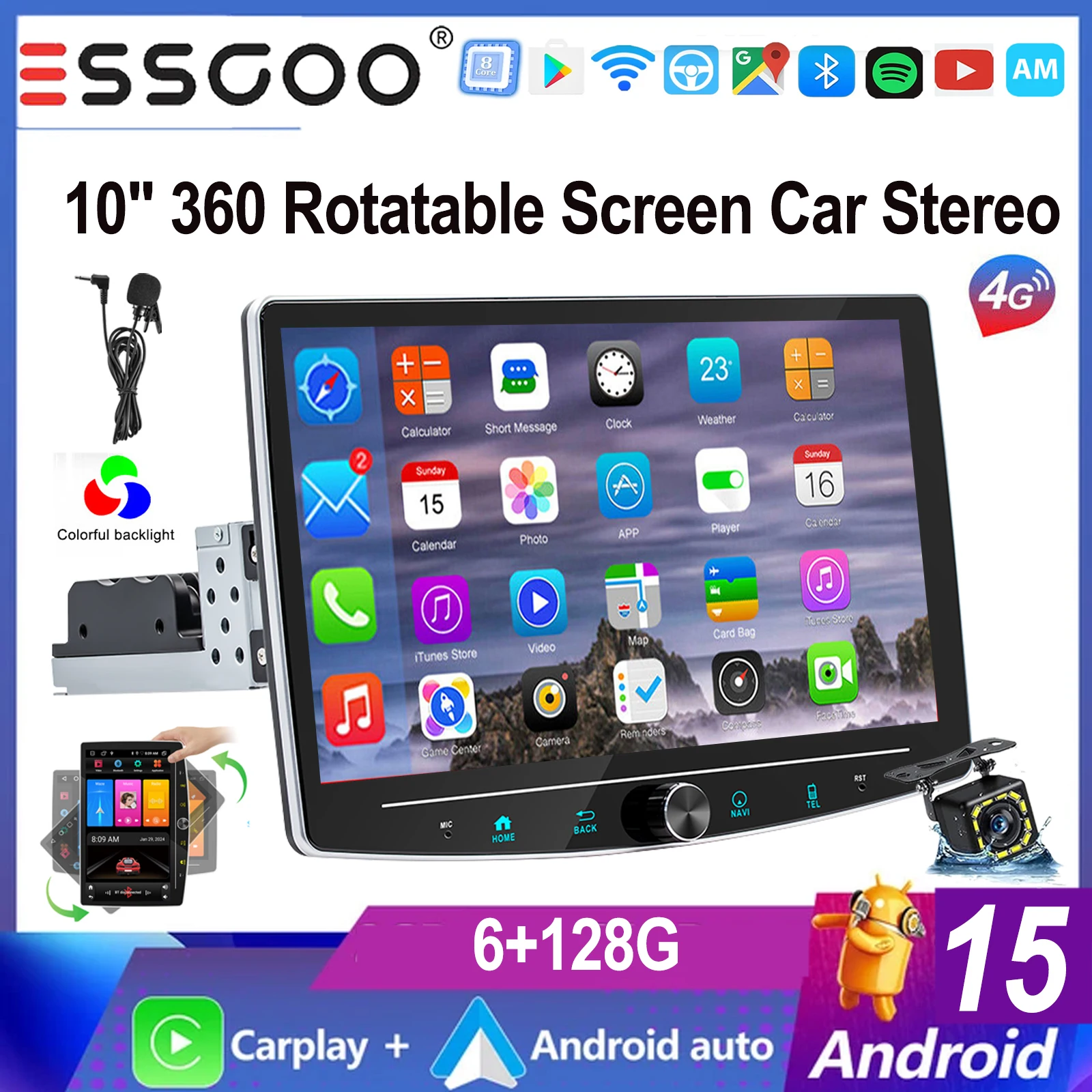 ESSGOO 10,1" Android 15 1 DIN Universeel 360 °   Draaibaar touchscreen carplay MICROFOON Android auto Autoradio Radio GPS NAVI BT WIFI FM