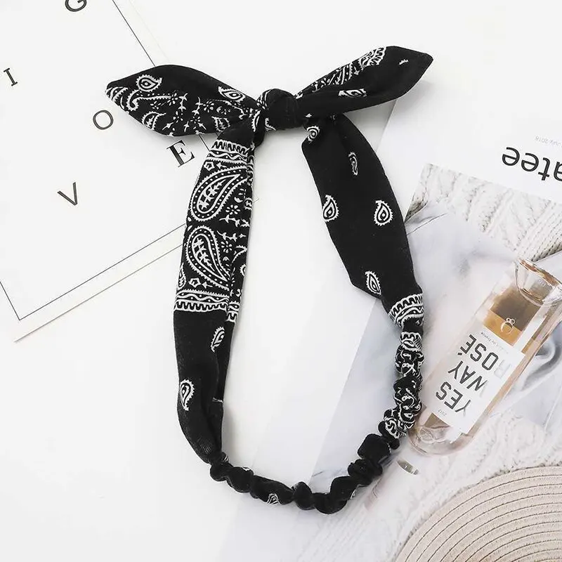 2 Pcs Printed Rabbit Ear Knotted Hair Band With Cashew Nut Printed Fabric Cross Elastic Headband Headwear