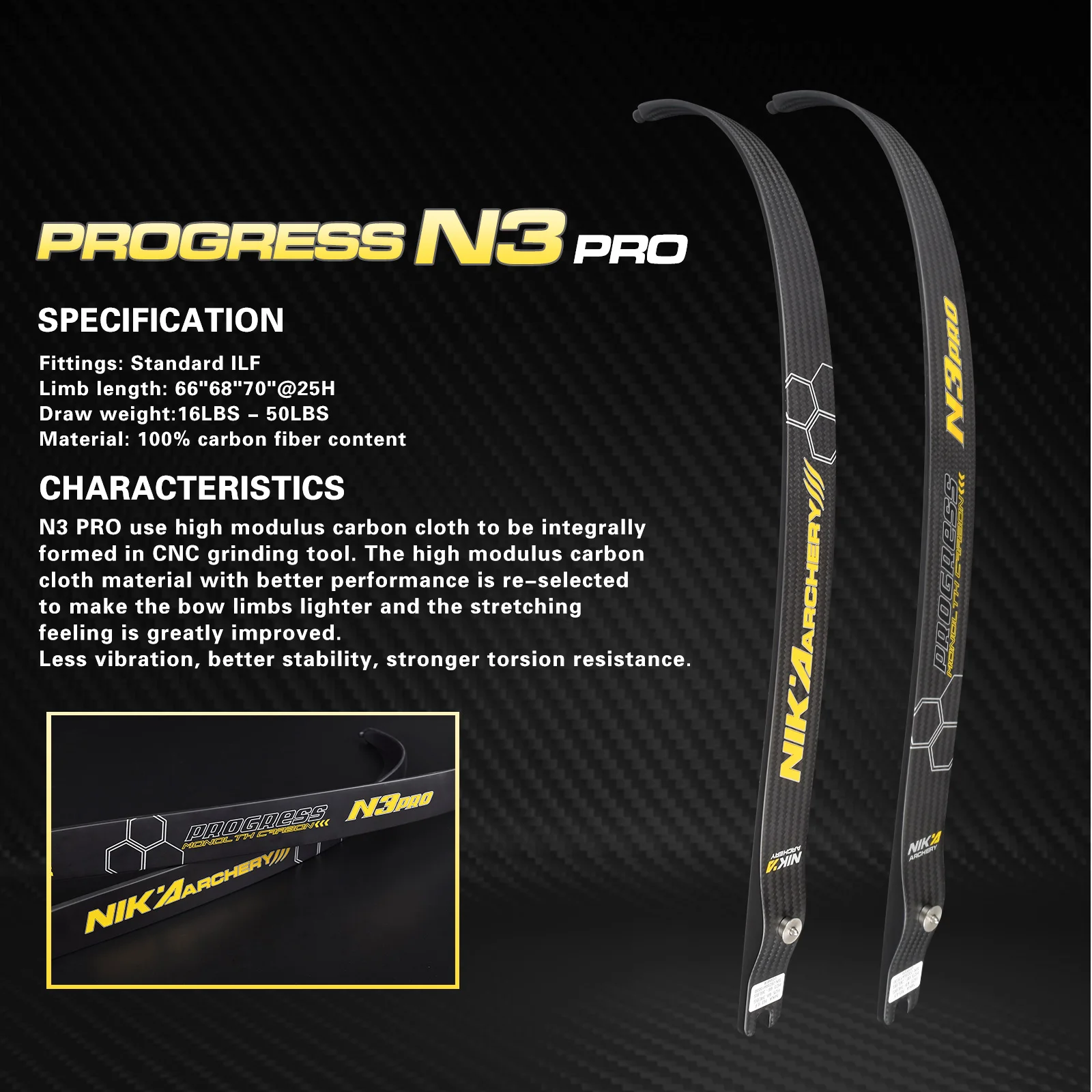 

NIKA ARCHERY Recurve Bow Limbs Progress Series Newest 68" 70''@25H Pro N3 Limbs 100% Carbon Fiber Limbs Draw Weight 16-50LBS