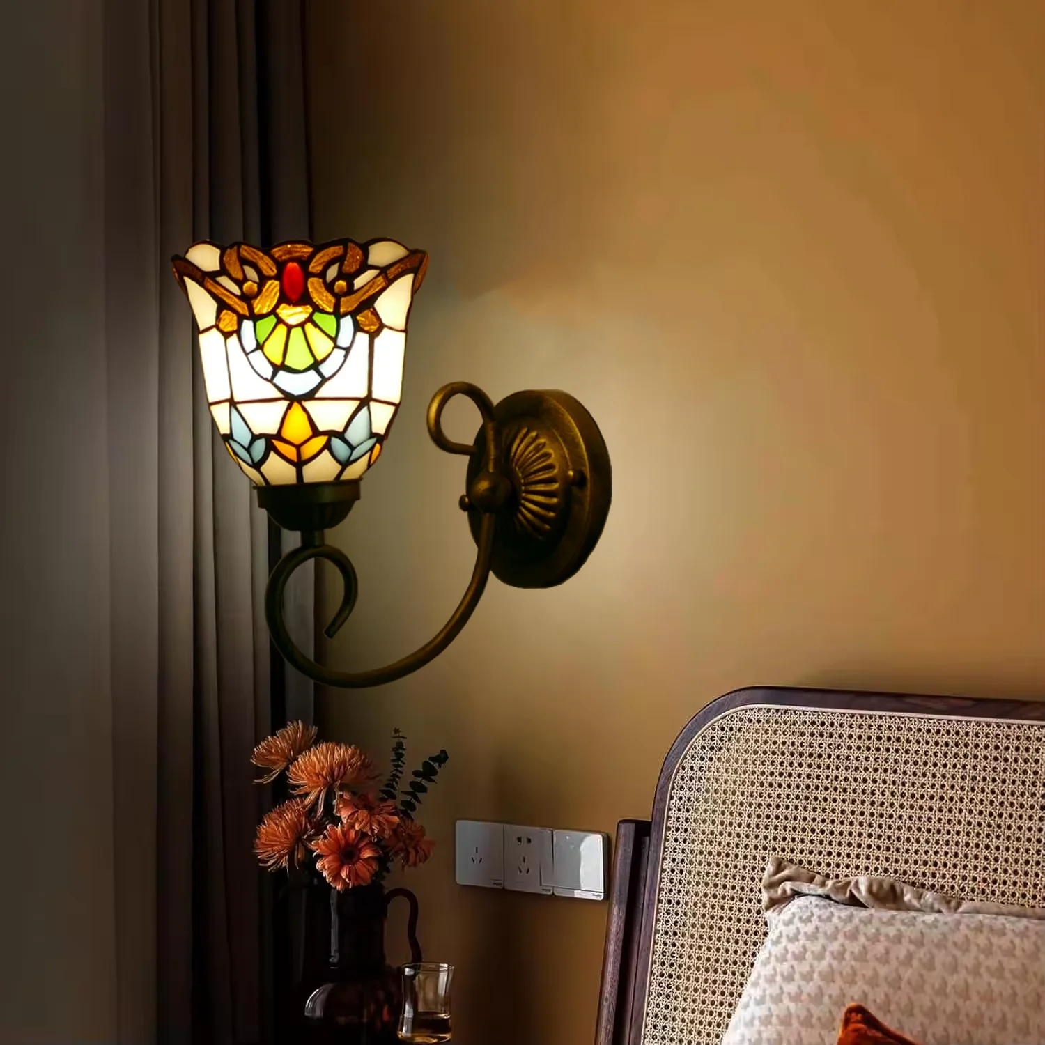 Luminária de Parede Artesanal de 8 Polegadas com Cúpula de Vidro Colorido e Fonte de Alimentação AC para Decoração Residencial