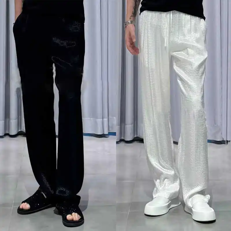 Fashionable Ice Silk Straight Leg Casual Pants Men's Summer Lightweight Luxury Floral Pattern Sporty Long Trousers Trendy