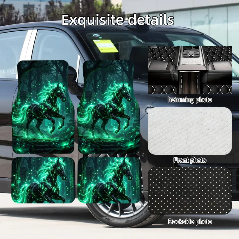 4pcs Neon Green Magical Forest Galloping Horse Print Car Foot Mats, Universal Car Interior Mats, Durable Polyester Fiber
