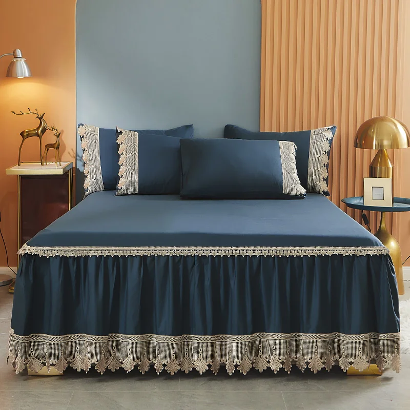 

Solid Color Bed Skirt, 100% Cotton Elastic Wrap Around Bedskirt,3 Side Coverage Dust Ruffle, 3 Piece 1 Bed Sheet & 2 Pillowcases