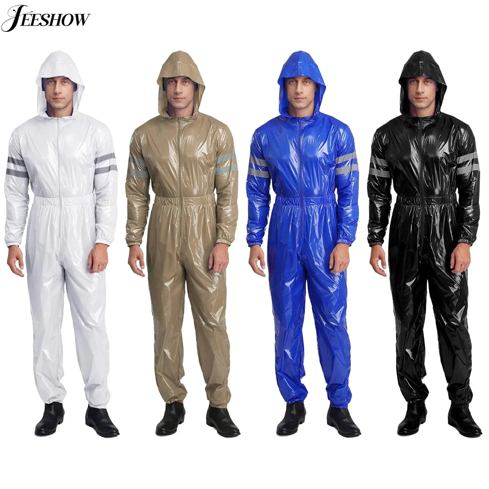 

Мужской водостойкий комбинезон с капюшоном, высокая видимость, светоотражающая полоса, безопасный рабочий комбинезон, комбинезон на молнии с длинными рукавами, рабочая одежда