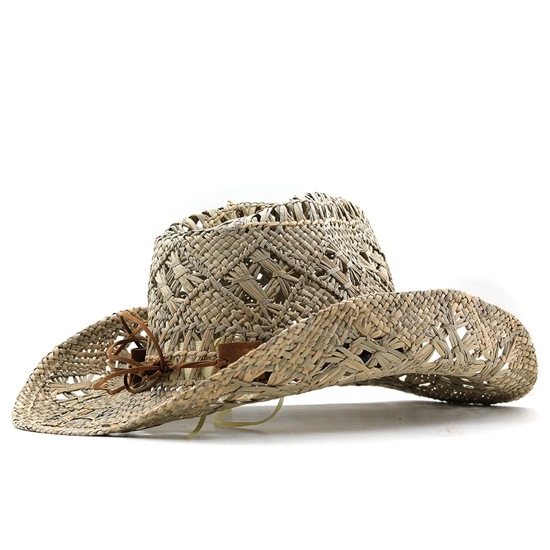 Straw Hats Panama Western Cowboy Straw Women Men Summer Hat Jazz Caps Beach Windproof Rope Cap Out Shading Wide Brim Hat