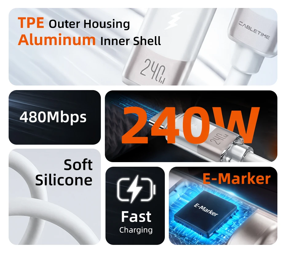 CABLETIME 240W USB-C-Kabel, Typ-C-Kabel, PD 3.1 Schnellladekabel für Xiaomi, Samsung, Laptop, MacBook Pro, iPhone 17/16 – Detail 2