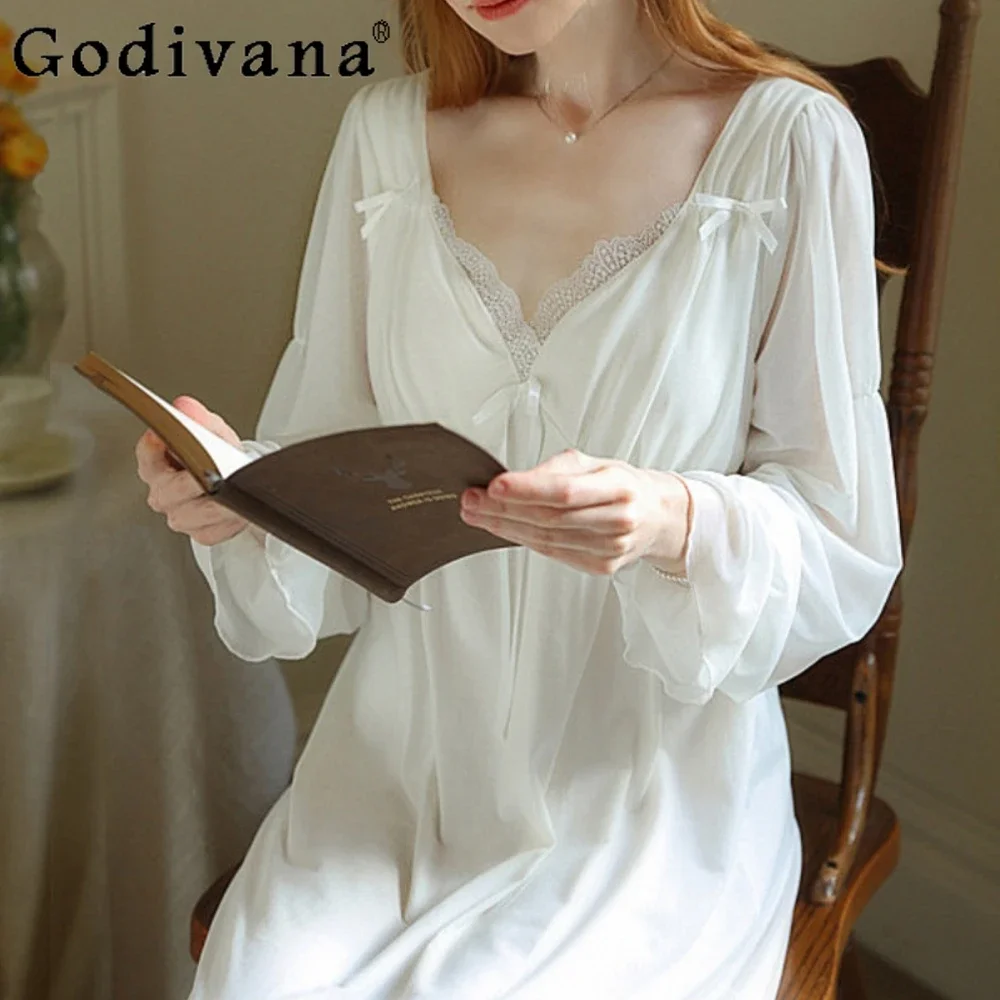 Sleeping Skirt Long Sleeve Lace Court Cotton Nightgown Elegant Romantic Bride Nightgowns Robe Outer Robe Homewear Set Dress