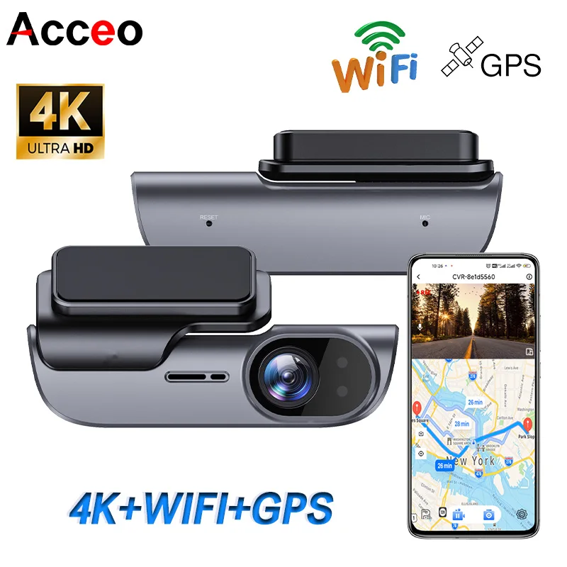 ACCEO 4K Car Dash Camera UHD Recording Car DVR Night Vision Video Recorder DashCam With GPS Wi-Fi Support Black Box 24H Parking