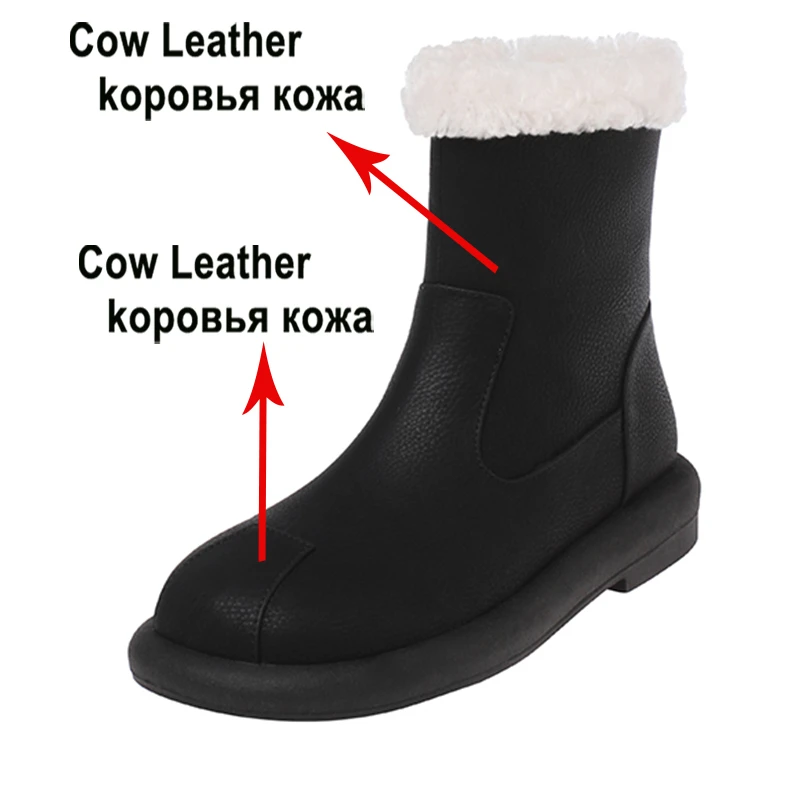 Meotina Women Genuine Leather Ankle Short Boots Round Toe Flats Zipper Wool Snow Boots Lady Fashion Shoes Winter Black Coffee 40