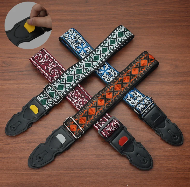 Embroidered Acoustic Guitar Strap with Pick Clips Wooden Electric Guitar Bass Strap UK Shoulder Straps Belt Guitar Accessories