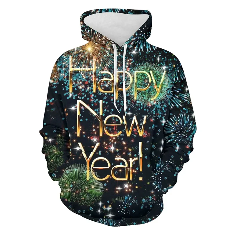 Happy New Year Hoodie For Men 3D Printed Firework Hooded Sweatshirt Women Drawstring Long Sleeve Loose Pullover Hoodies Tops