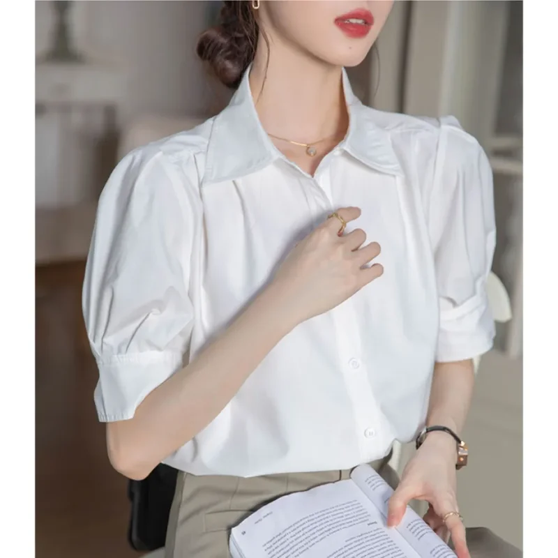 

Женская блузка с короткими рукавами-фонариками, повседневная, на пуговицах, с отложным воротником, однотонная, для офиса