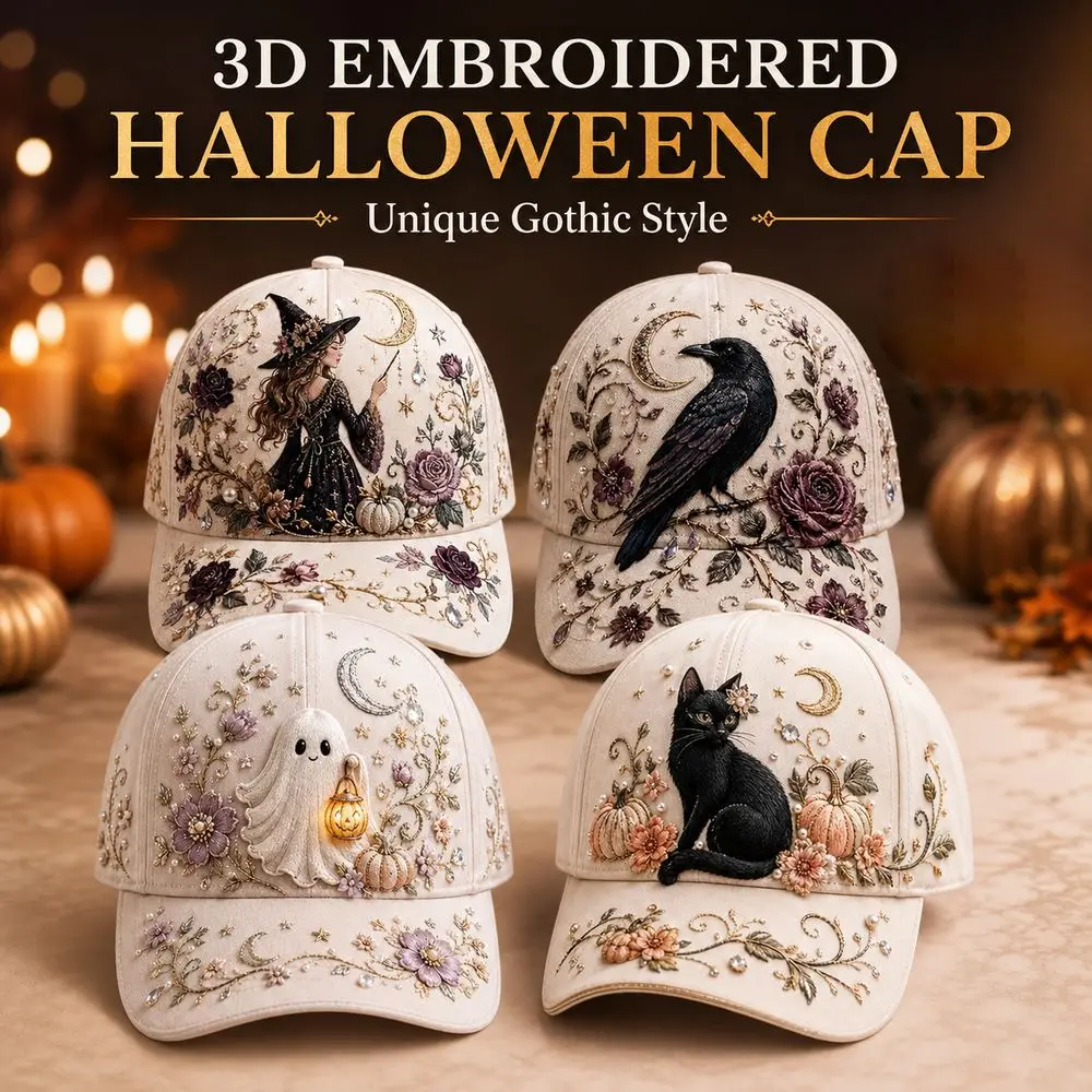 3D Embroidery Halloween Baseball Cap Adjustable Cotton Material Embroidered Baseball Cap Breathable Witch Ghost Pumpkin Bat