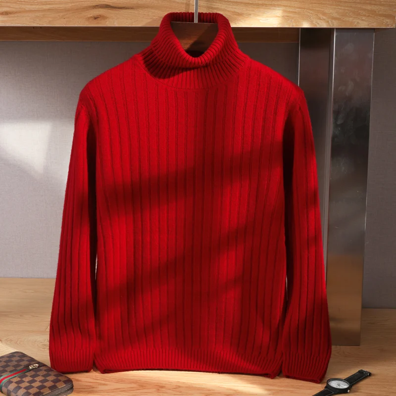 Merino 100 Pure Wool High Collar Men's Thickened Casual Long Sleeved Knitted Sweater Cashmere Drawstring Autumn Winter New Style