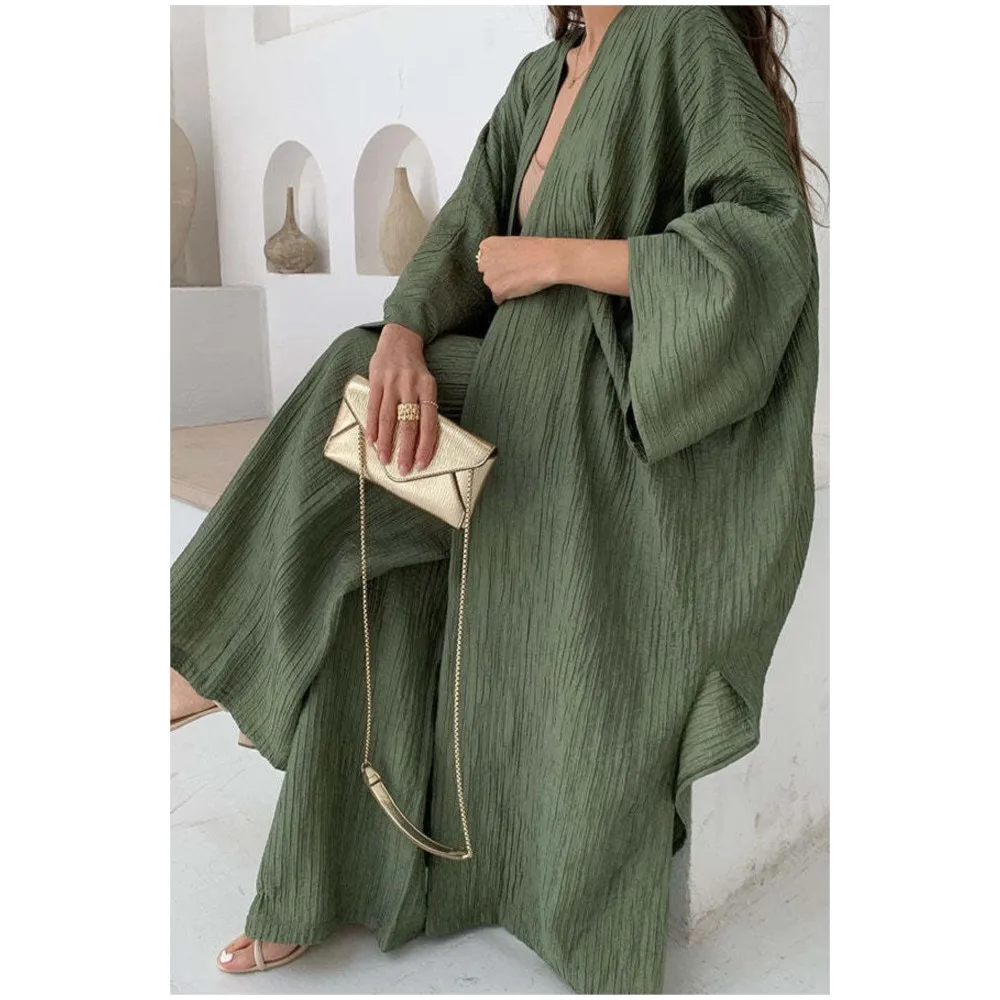 

Осенний модный текстурированный кардиган-топ, женский повседневный домашний костюм: свободная длинная куртка + широкие брюки, комплект из 2 предметов для женщин