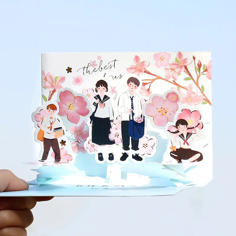 Pop up romantic cherry blossom season 3D greeting card beautiful scene for students hot stamping for lovers message cards gifts