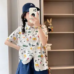 Mori girl Japan style peter pan collar white green cartoon print shirts short sleeve blouses for women summer cute clothes
