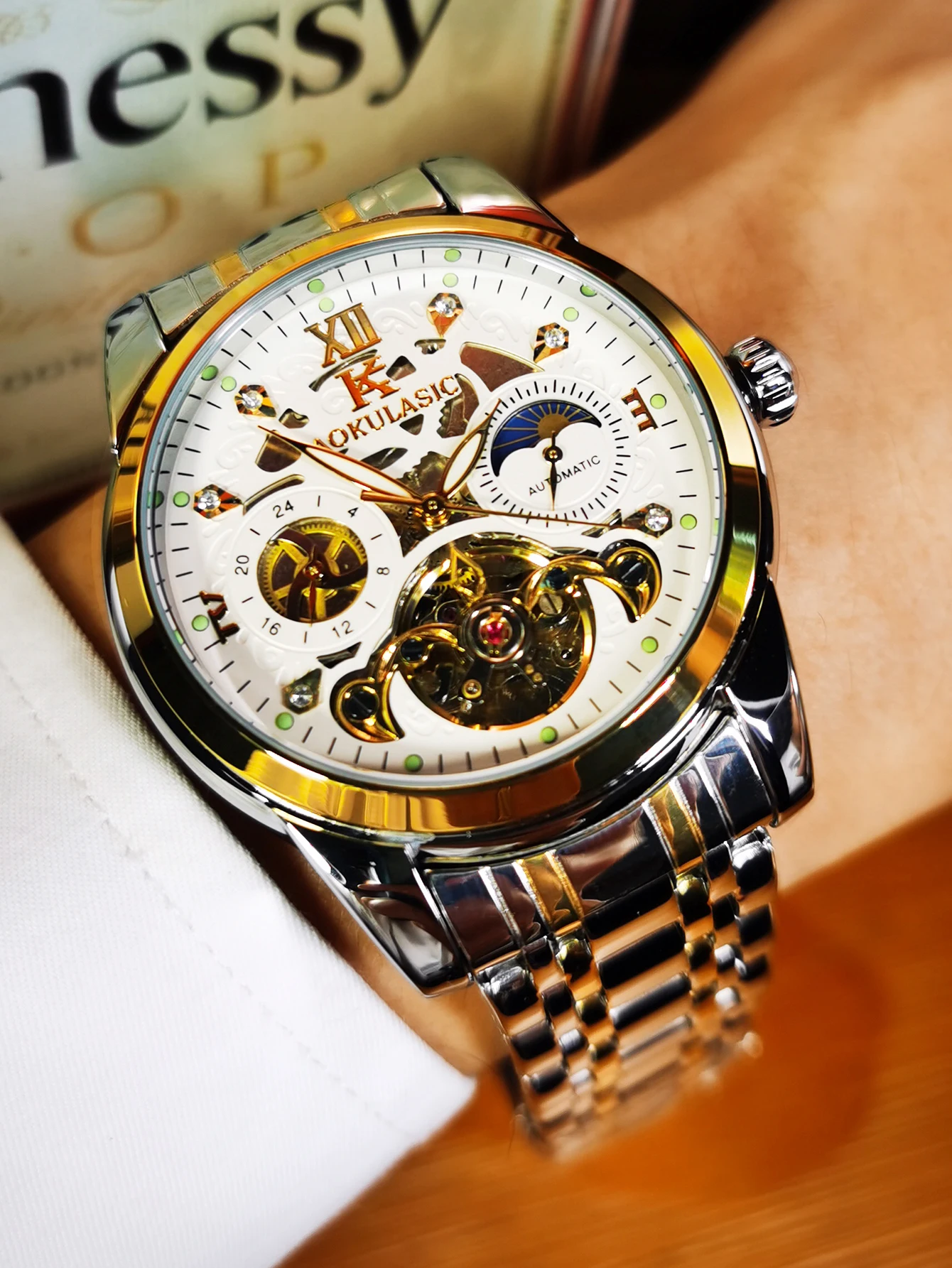 Luxury Brand Mechanical Watches Moon Phase Fashion Diamond Luminous Hands Tourbillon Skeleton Automatic Mens Watch Steel Strap