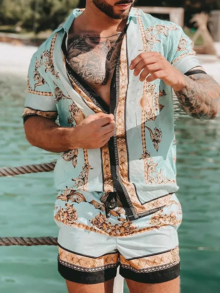 2024 Vintage Men Shirts Sets Summer Golden Horse Print Beach Short Sleeve Shirt Shorts Casual  Trip Mens Hawaiian 2 Piece Suit