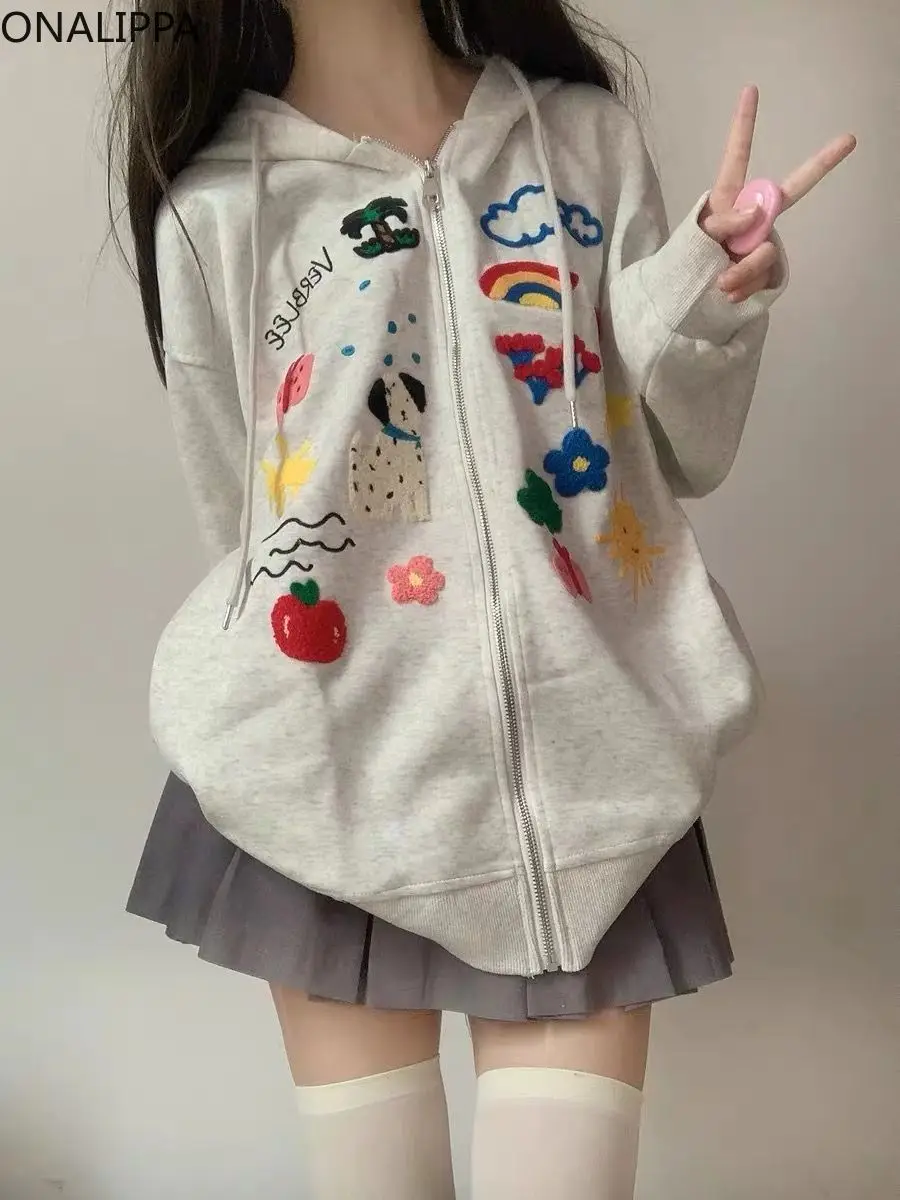 Onalippa Kawaii Cartoon Hoodie Women Hooded Contrast Zip Up Sweatshirt Korean Fashion Chic Design Contrast All Match Hoodies