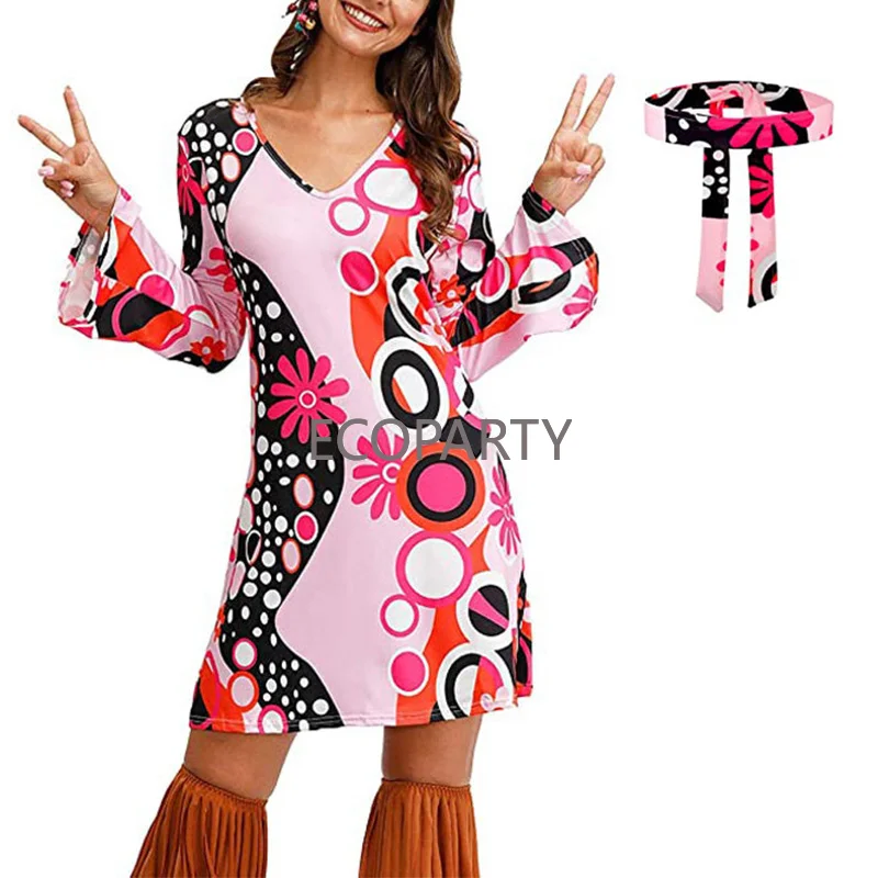 Drop ship New Women Ladies Hippie anni '60 anni '70 Hippy Flower Fancy Dress Costume Flares Adult Outfit Dress for Women Summer Dress