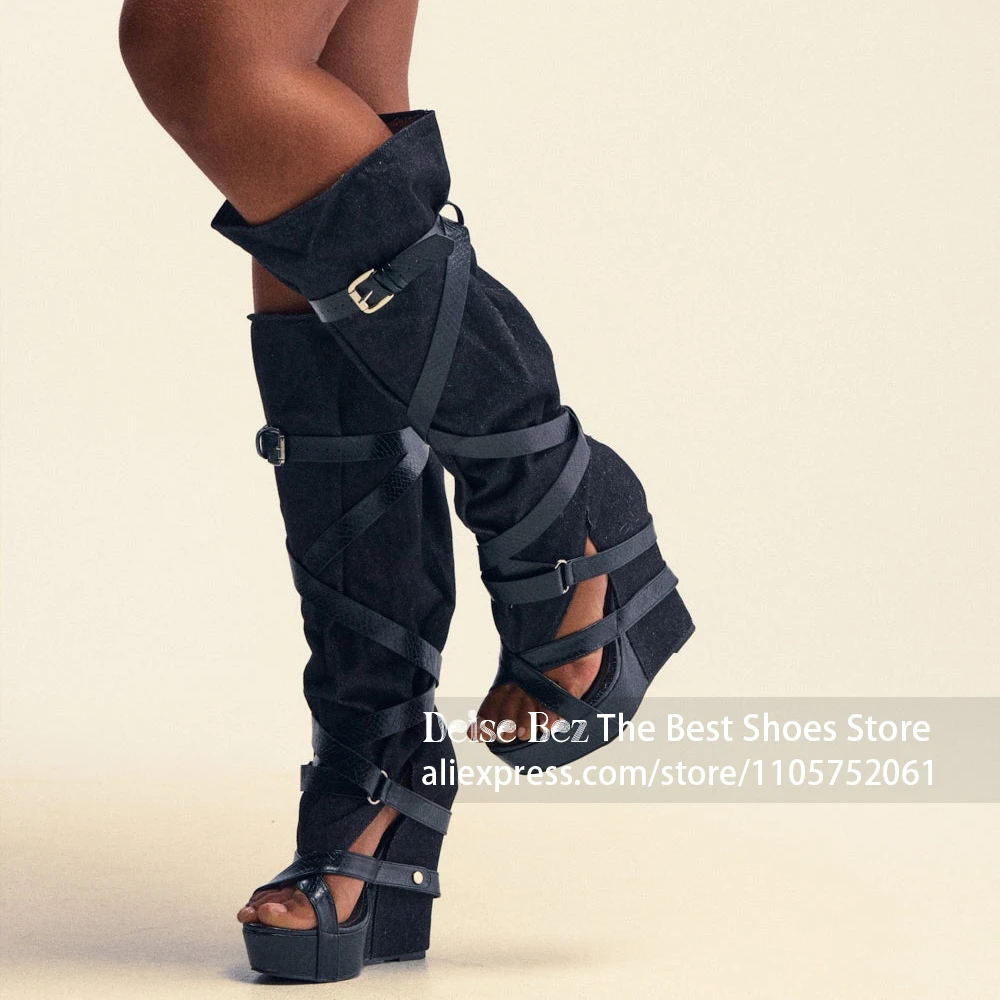Knee High Boots Women - 블랙 데님 웨지 힐 니하이 글래디에이터