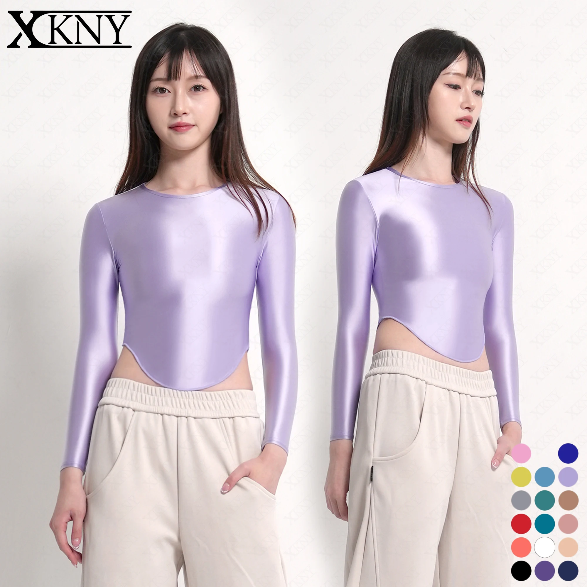 

XCKNY Satin glossy top oil shine bottoming shirt long sleevele Arc long sleeves sports Yoga swim Undershirt Leisure top