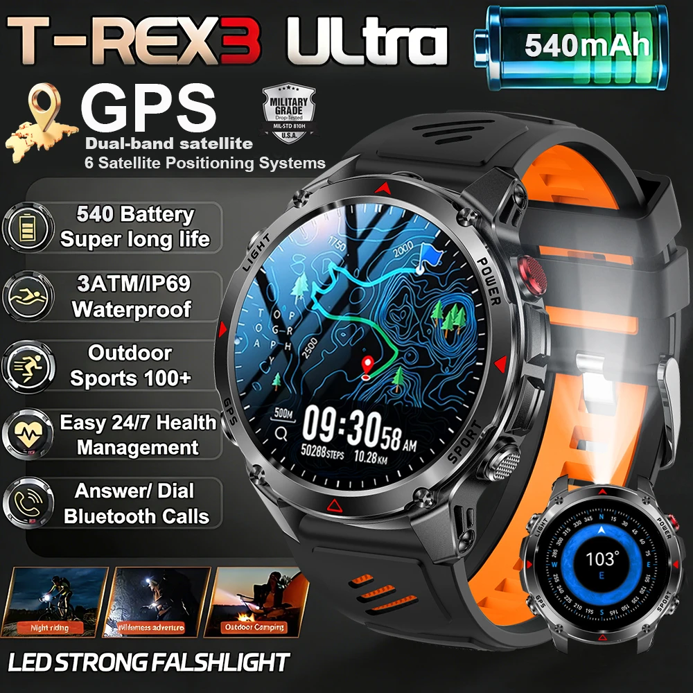 

2026 New Smartwatch Men Military Outdoor GPS Track Compass With Flashlight Sport Heart Rate Sleep 3ATM Waterproof Smart Watch