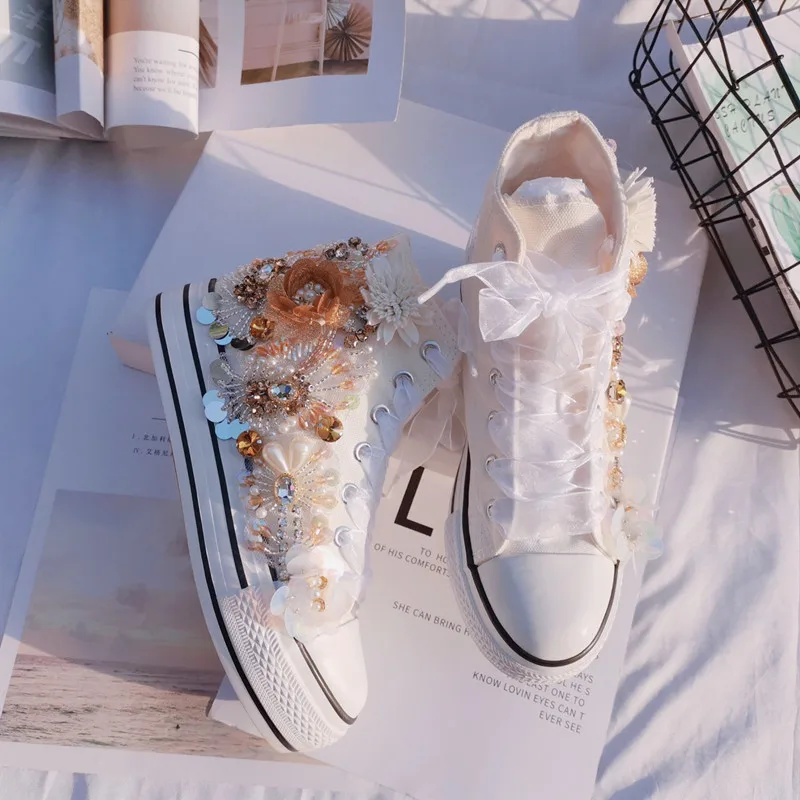 Handcrafted beaded ribbon flower rhinestones party banquet wedding canvas shoes platform high top casual women\'s shoes 35-40