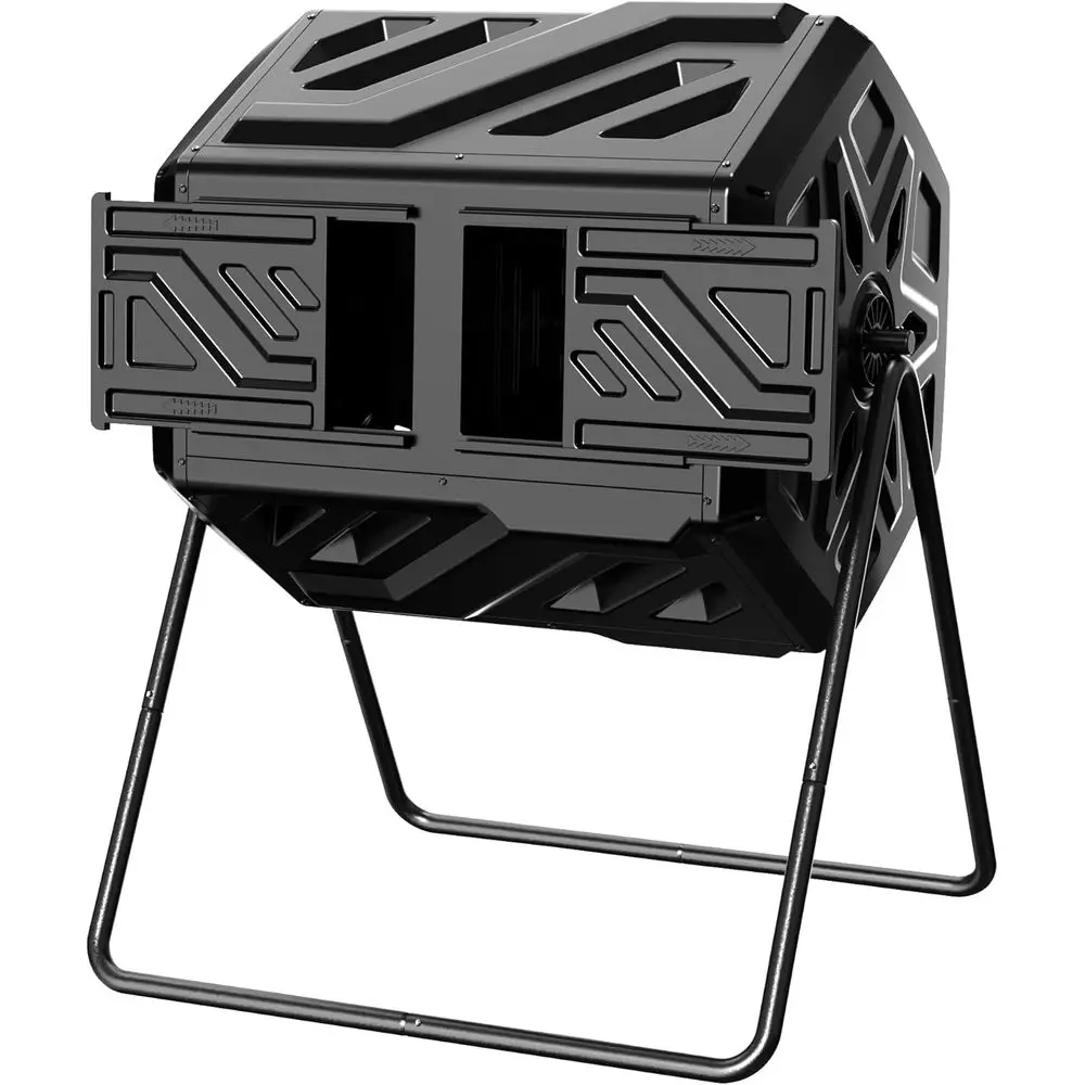 43 Gallon Dual Chamber Compost Bin with Gloves, Easy Assembly Tumbler for Outdoor Garden and Kitchen Waste, Black