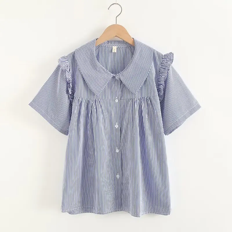 

High Quality Cotton Blouse Summer New Fresh Blue Striped Cotton Shirt Women's Pointe Lapel Short Sleeve Loose Shirt