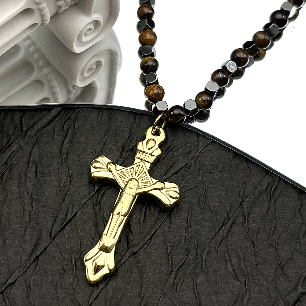 

Catholic Cross Jesus Stainless Steel Necklace for Women Men Gold Color Crucifix Necklace Tiger Eye Stone Chain Amulet Jewelry