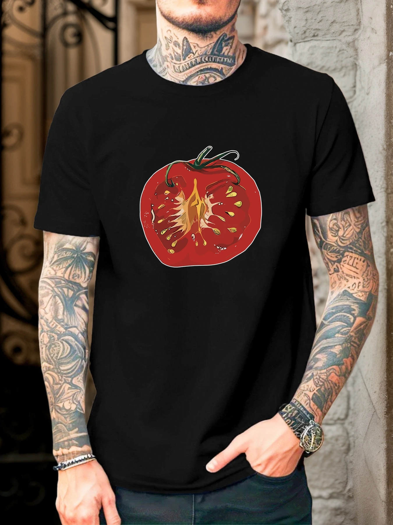 Male Cotton Short Sleeve T Shirt Fresh Sliced Tomato Pattern Loose Crew Neck Food Casual Summer Tees For Young Adult Men
