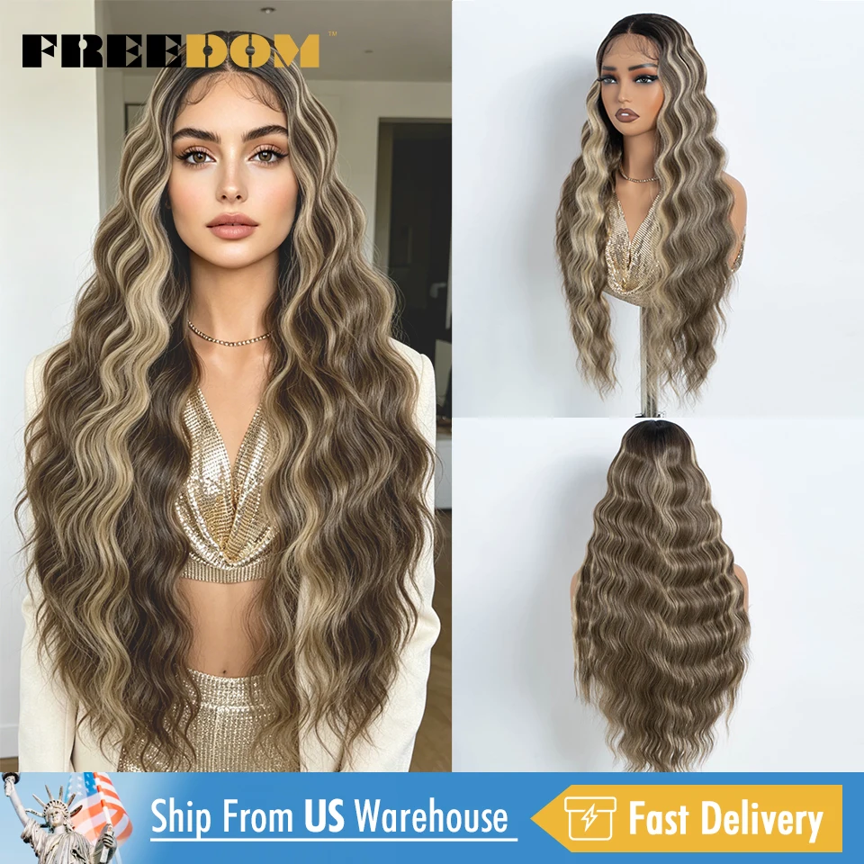 

FREEDOM Deep Wavy Synthetic Lace Front Wigs For Women 28 Inch Ombre Brown Blonde Highlight Lace Wig US Local Ship Cosplay Wigs