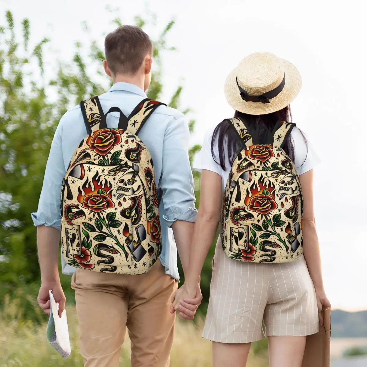 American Traditional Flash Pattern Tattoo Student Backpack School Bag Hiking Travel Daypack for Men Women Bookbag Shoulder Bags