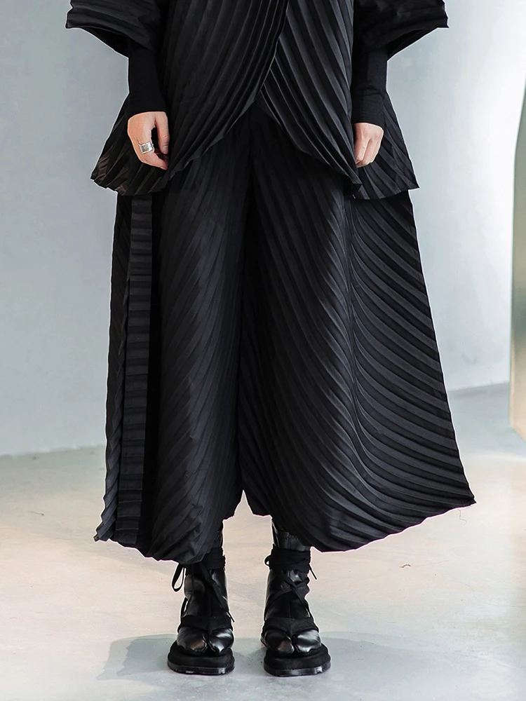 [EAM] Wide Leg Pants Pleated Two Piece Suit New Turtleneck Long Sleeve Black Loose Fit Women Fashion Spring Autumn 2024 1DE3064