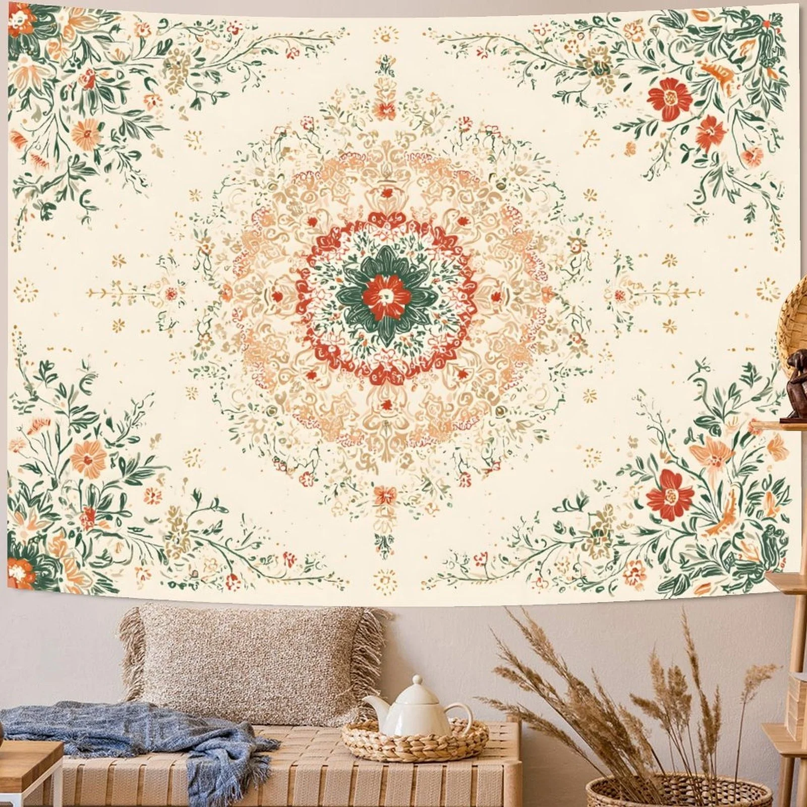 Boho Floral Mandala Tapestry for Bedroom Bohemian Flower Wall Tapestry Aesthetic Large Watercolor Beige Hippie Indian Tapestries
