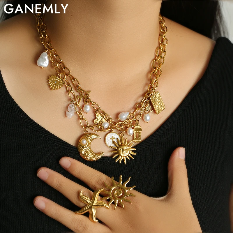 

GANEMLY 316L Stainless Steel Moon Sun Pendant Necklace for Women Bohemian Style Handmade Neck Chain Waterproof Jewelry Gift