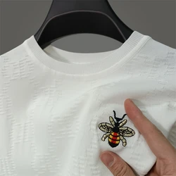 Men's Summer New Ice Silk Short Sleeve  Exquisite Embroidery O-Neck Pullover T-Shirt Seamless Casual Breathable Top Men's Wear