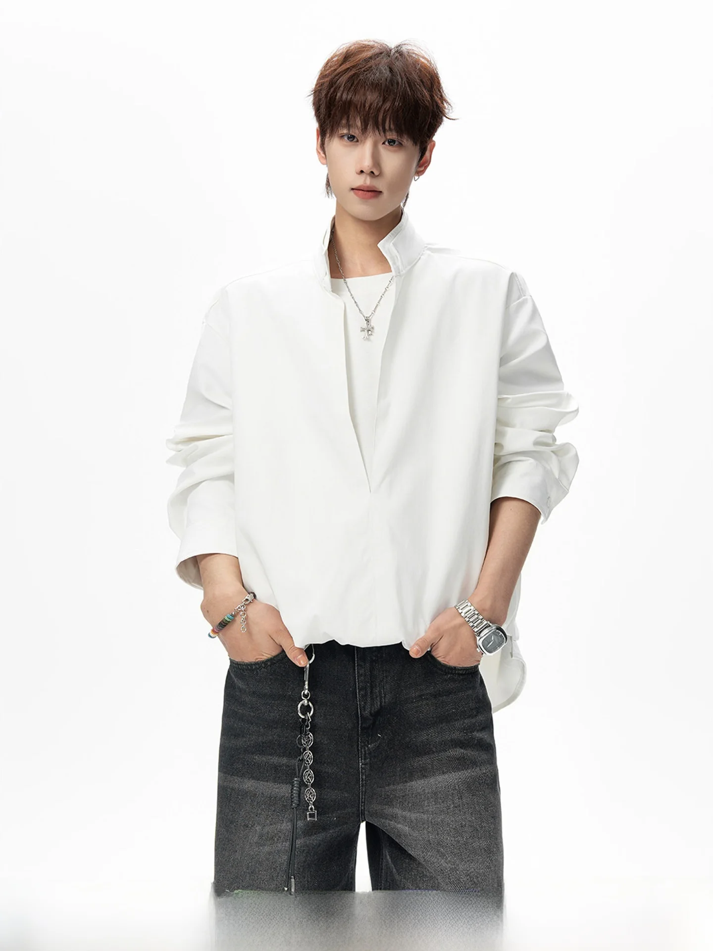 

Мужская повседневная рубашка с воротником-стойкой в американском стиле колор-блок, весенняя модная брендовая рубашка с эффектом двухслойности, стильная, для отдыха