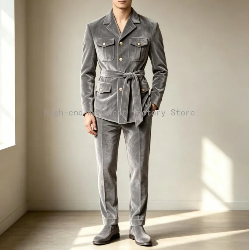 Luxury Men Velvet Safari Suit 2 Pieces Belted Waist Multi‑Pocket Blazer+Trousers Set Business Wedding Party Prom Formal Costume