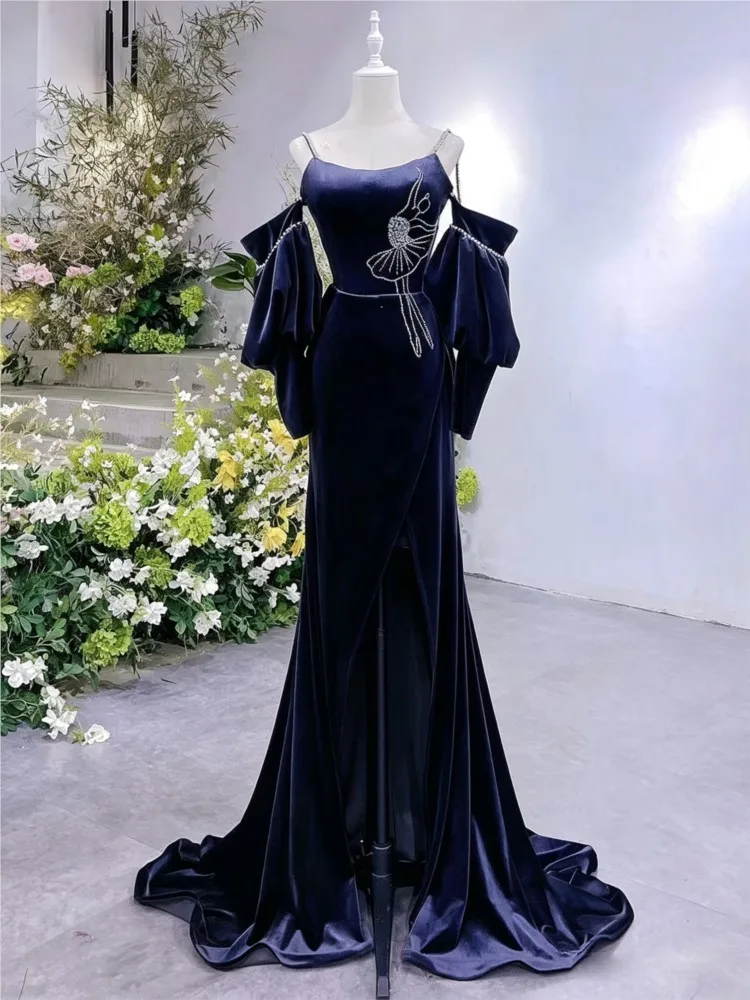 Blue New Style Temperament Entry Sling Host Conductor Art Exam Performance Long Dress
